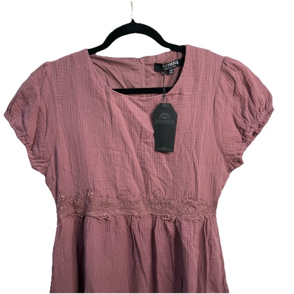 Disturbia Rosamoth Applique Trim Cotton Mini Smock Mauve Dress US10 Soft Grunge - Picture 3 of 8